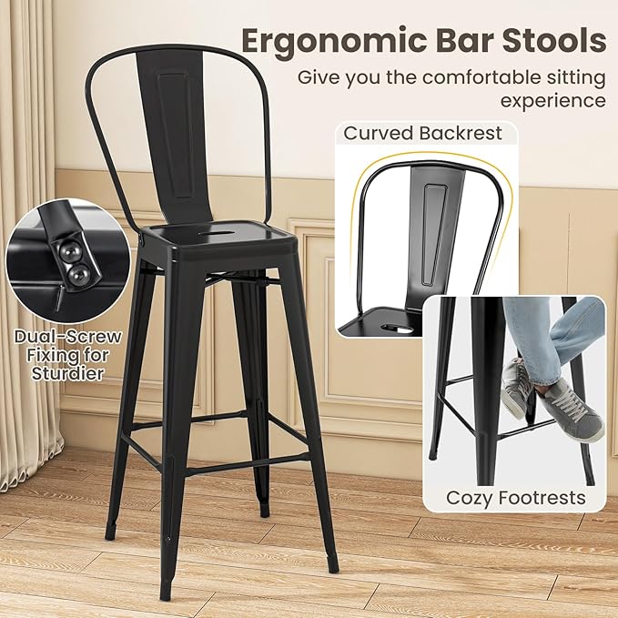 COSTWAY 30'' Metal Bar stools Set of 4, with Removable Back,Bar Height Stools with Rubber Feet, Stylish and Modern Chairs, for Kitchen, Dining Rooms, and Side Bar (Black-Update, 30'')