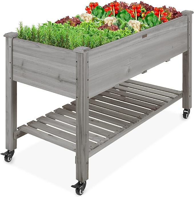 Best Choice Products Raised Garden Bed 48x24x32-inch Mobile Elevated Wood Planter w/Lockable Wheels, Storage Shelf, Protective Liner - Gray