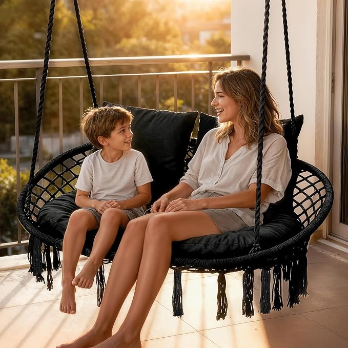 Magshion Double Hammock Swing Chair with 3 Cushions, 700 lbs Capacity, Macrame Hanging Bench for Indoor & Outdoor Use, Cotton Woven Mesh Porch Hanging Rope Swing, Black