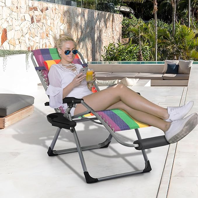 MoNiBloom Zero Gravity Lounge Chair with Cushion, Padded Patio Anti Gravity Recliner, Foldable Outdoor Lounger with Cup Holder Tray, Headrest and Footrest for Beach Camping, Rainbow