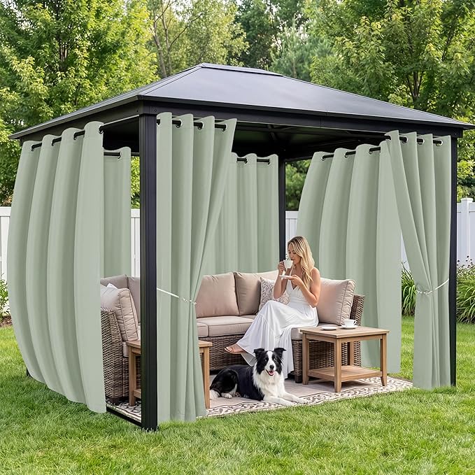 Outdoor Curtains for Patio Waterproof 6 Panels - Windproof, Privacy, Weatherproof Outside Drapes for Gazebo Pergola Porch, Grommet Top and Tab Bottom, 54x95 Inch, Sage Green