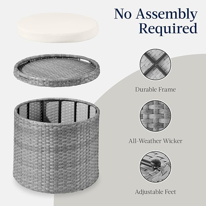 Best Choice Products Round Wicker Ottoman, Multipurpose Outdoor Furniture for Patio, Backyard, Additional Seating, Footrest, Side Table w/Storage, Removable Cushions – Gray/Cream