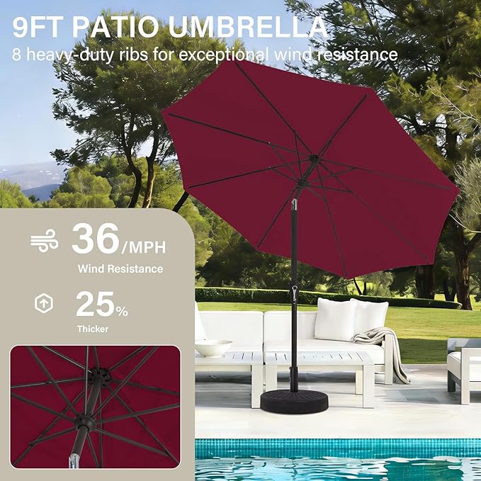 MEWAY 9ft Patio Umbrella Outdoor Table Umbrellas with Push Button Tilt and Crank, Market Umbrella 8 Sturdy Ribs for Deck, Garden, Pool and Backyard, Dark Red
