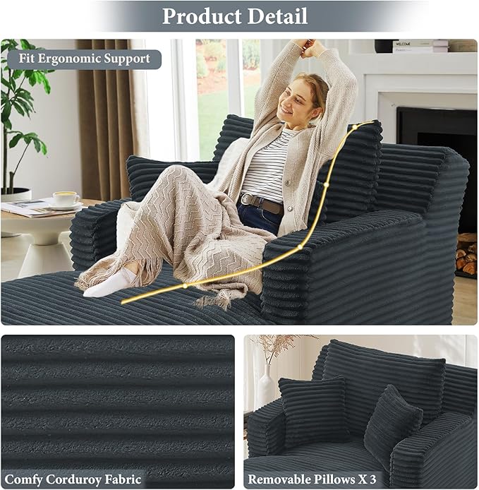 65.4" Chaise Lounge Chair Indoor, Oversized Boneless Couch Comfy Upholstered Sleeper Sofa Bed with 3 Pillows, Corduroy Cloud Reading Chair for Living Room No Assembly Required, Dark Grey