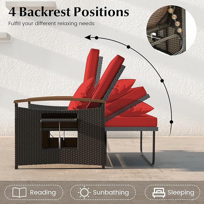 LDAILY Moccha Outdoor Wicker Daybed, Patio Rattan Loveseat Sofa w/ 4-Level Adjustable Backrest, Folding Panels, Storage Ottoman & Cushions, Lounge Furniture Set for Poolside Backyard Porch (Red)