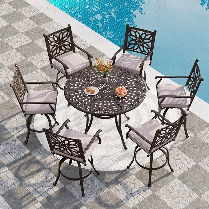 PHI VILLA Cast Aluminum Round High Bar Dining Tables for 6 Person, 54" Dia Engraved Cast-Top Aluminum Table with 2.1" Umbrella Hole, Patio Bar Height Table for Lawn Garden