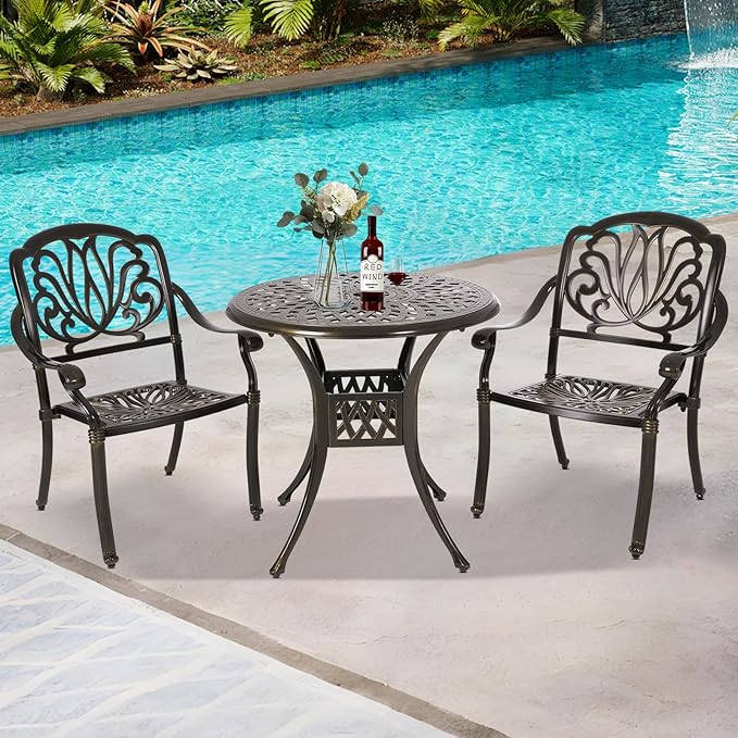 Patio Dining Table,Cast Aluminum Patio Table with Umbrella Hole, Outdoor Bistro Table for Backyard, Garden, Patio
