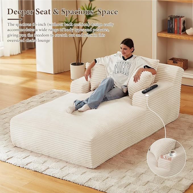 78.7" Chaise Lounge Chair Indoor, Oversized Boneless Couch Comfy Upholstered Sleeper Sofa Bed with 3 Pillows, Corduroy Cloud Reading Chair for Living Room No Assembly Required, White