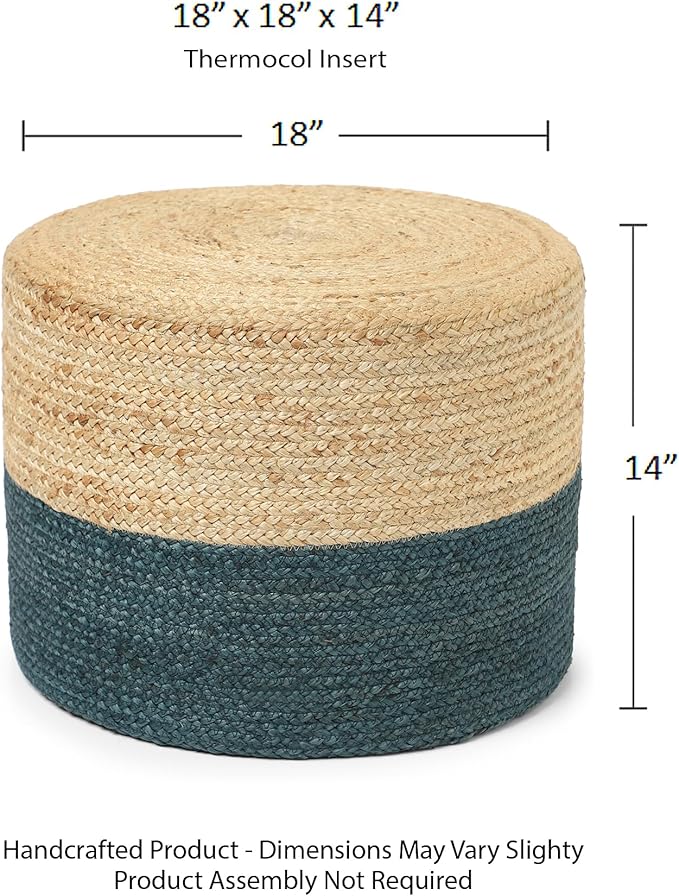 REDEARTH · Cylindrical Pouf Foot Stool Ottoman - Jute Braided Pouffe Poof Accent Sitting Footrest for Living Room, Bedroom, Nursery, Patio, Lounge & Other Rooms (Natural Teal, 18"x18"X14")