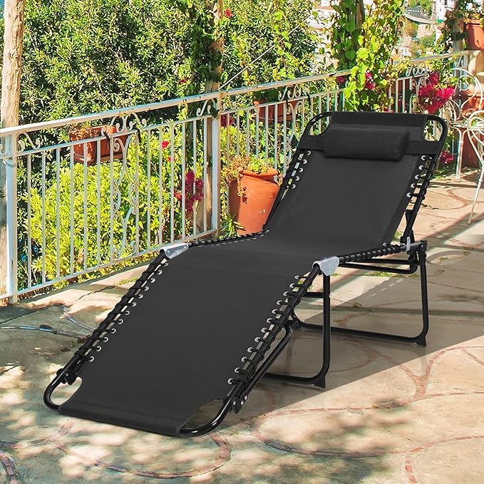 GYMAX Lounge Chairs for Outside, Extra High Folding Beach Tanning Lounger with 4-Level Adjustable Backrest, 2-Level Footrest & Removable Pillow, Sunbathing Lounge for Patio, Lawn, Poolside (1, Black)