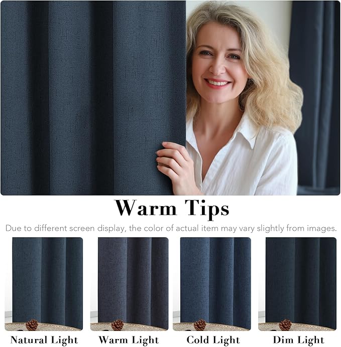 H.VERSAILTEX Linen Blackout Curtains 108 Inches Long 100% Absolutely Blackout Thermal Insulated Textured Linen Look Curtain Draperies Anti-Rust Grommet, Energy Saving with White Liner, 2 Panels, Navy