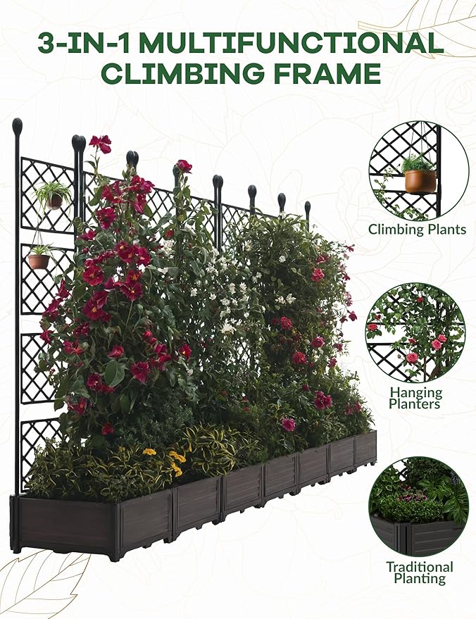 7 PCS Raised Garden Bed with Trellis & Privacy Screen, 116"w x 63"Tall Vertical Garden Planter Box for Climbing Plants - Sturdy Lightweight Outdoor Planter for Vegetables, Flowers on Patio, Balcony