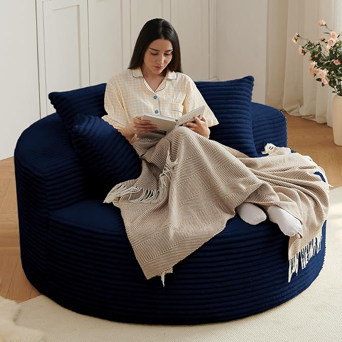 Oversized Round Chair Lounge Chaise Indoor, Upholstered Corduroy Deep Seat Cloud Large Circle Sofa Chair, No Assembly Required, Fluffy Modern Sleeper Sofa Bed for Reading, Living Room, Dark Blue