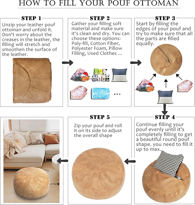 Thgonwid Unstuffed Moroccan Faux Leather Pouf Ottoman with Storage - Handmade Boho Chic Multi-Use Footrest for Living Room, Bedroom, Patio - Round Ethnic Floor Cushion & Decorative Accent, Khaki
