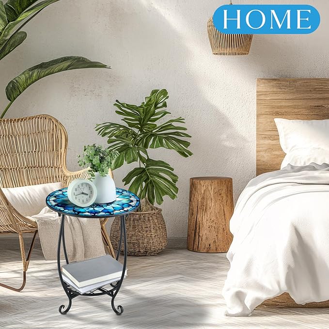 Outdoor Side Table Round Small Mosaic Patio Accent Indoor End Plant Coffee Tea Table for Yard Patio Porch Garden Living Room, Bedroom(Mandala Style,12 Inch)