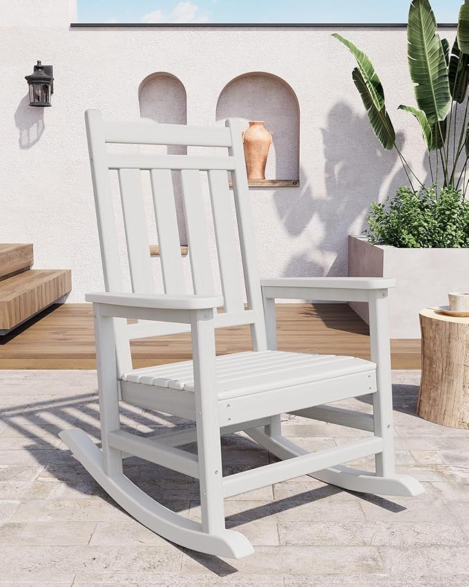 GarveeLife Poly Lumber Rocking Chair Outdoor Set of 4 - HDPE High Back Porch Rocker Chairs for Adults - All Weather Resistant Furniture for Patio - White