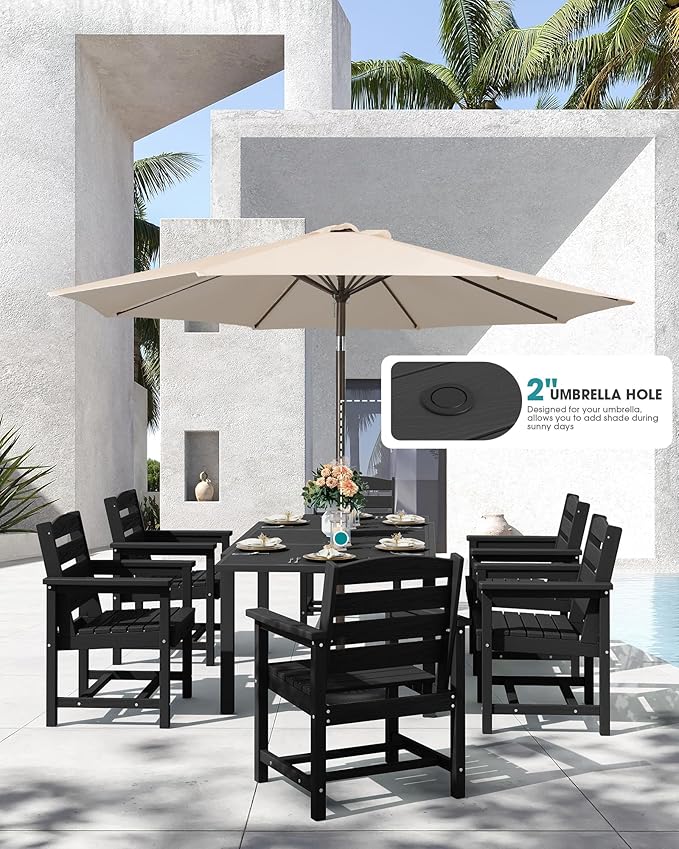 SERWALL 7-Piece Patio Dining Sets, 60" - 83" Expandable Outdoor Dining Table and 6 HDPE Chairs, All Weather HDPE Outdoor Furniture Set for Backyard, Garden, Black