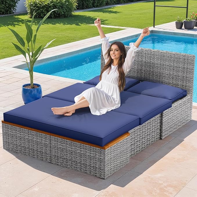 Devoko Patio Day Bed Outdoor Daybed Set Multifunctional Rattan Lounge Bed with 2 Side Tables for Backyard Porch Poolside Lawn Beach (Navy Blue)