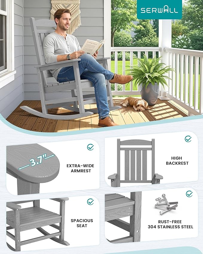 SERWALL HDPE Outdoor Rocking Chair Set of 2, Oversized Patio Rocking Chairs, All-Weather Porch Rockers for Adults, Light Gray