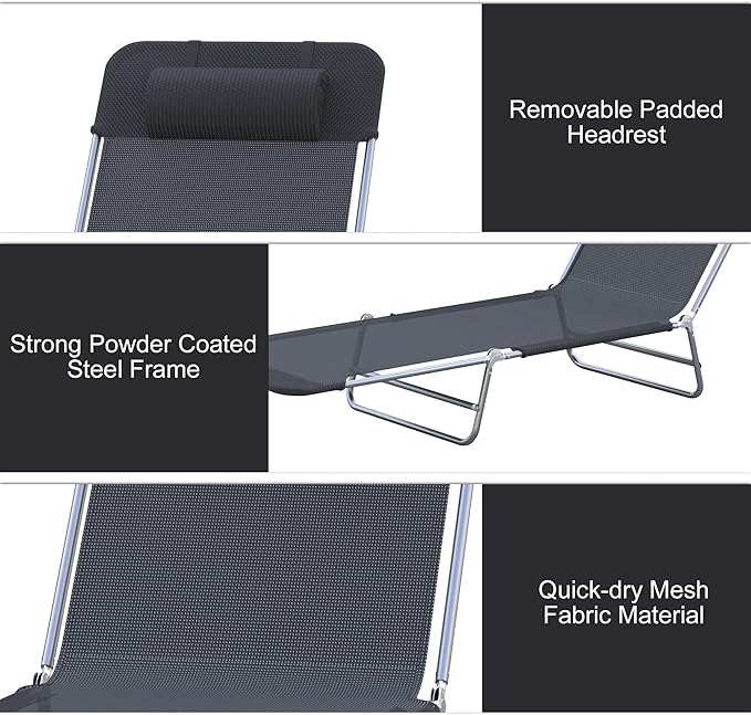 Outsunny Folding Chaise Lounge Pool Chairs, Outdoor Sun Tanning Chairs with Pillow, Reclining Back, Steel Frame & Breathable Mesh for Beach, Yard, Patio, Black