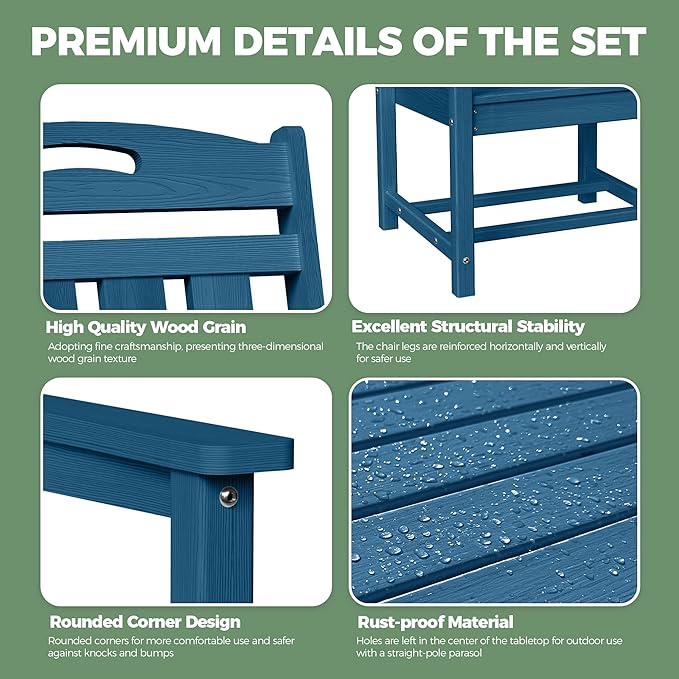 HDPE Outdoor Patio Dining Set with Table & 6 Chairs, All-Weather 7-Piece Outdoor Table and Chairs, 2" Umbrella Hole, Patio Furniture for Garden, Backyard, Deck | Navy Blue