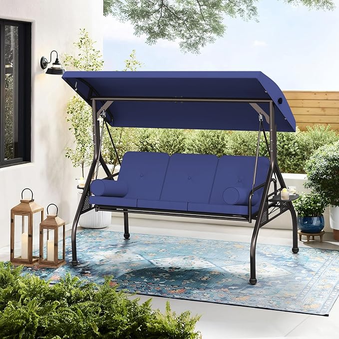 Oakcloud 3-Seat Outdoor Porch Swing with Adjustable Canopy, Large Converting Swing Chair, Patio Swing Glider with Pillows & Thick Cushions for Poolside Balcony Backyard (Blue)