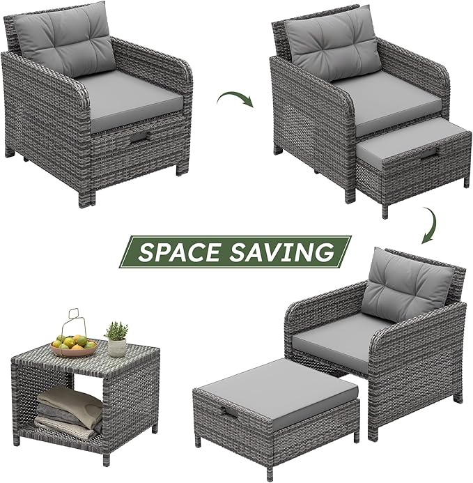 LHBcraft Balcony Furniture 5 Piece Patio Chairs Conversation Set, PE Wicker Rattan Outdoor Lounge Chairs with Soft Cushions 2 Ottoman-Glass Table for Porch, Charcoal