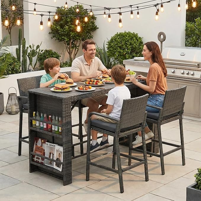 NICESOUL Wicker Outdoor Bar Set 5 Piece, 76" High Top Rattan Bar Table and Chairs Set of 4, Patio Counter Height Dining Table and Stools with Armrest & Cushions for Outside Backyard Poolside, Gray