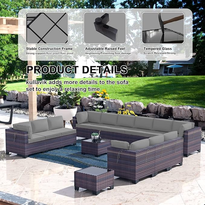 Kullavik 14 Pieces Outdoor Patio Furniture Set,Sectional Rattan Sofa Set Brown PE Rattan Wicker Patio Conversation Set with Tempered Glass Coffee Tables and Washable Cushions Covers,Grey