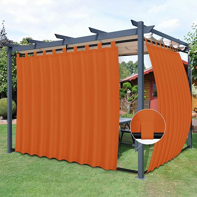 Easy-Going Outdoor Patio Curtains Detachable Tab Top Windproof Weatherproof Curtain for Cabana, Porch, Pergola and Gazebo, Tab Bottom Drape, 2 Panels, 110W x 96L inch, Orange