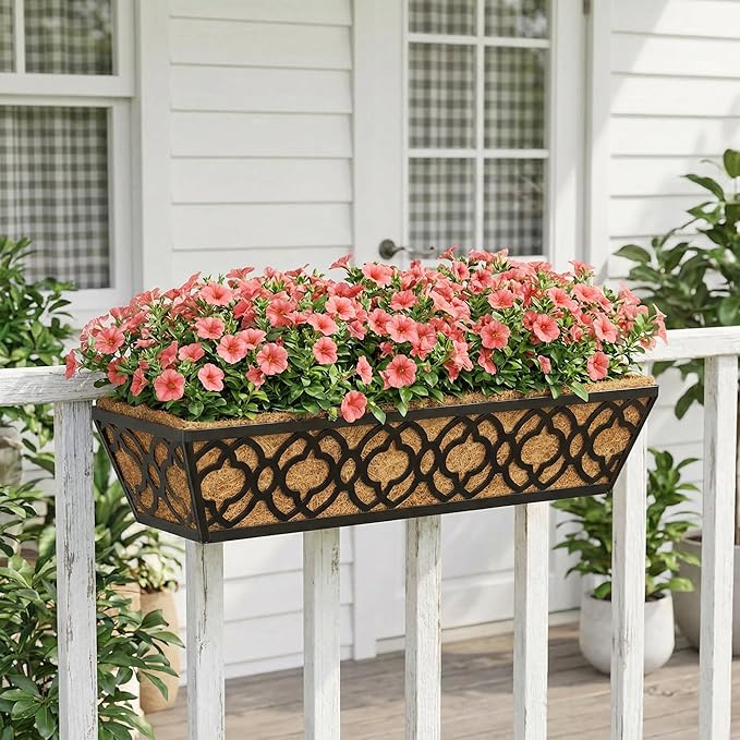 Y&M 24 Inch Window Deck with Coco Liner, Fence Metal Hanging Flower Planter Window Basket Deck Railing Planter Boxes for Outdoor Garden Lawn,6pcs