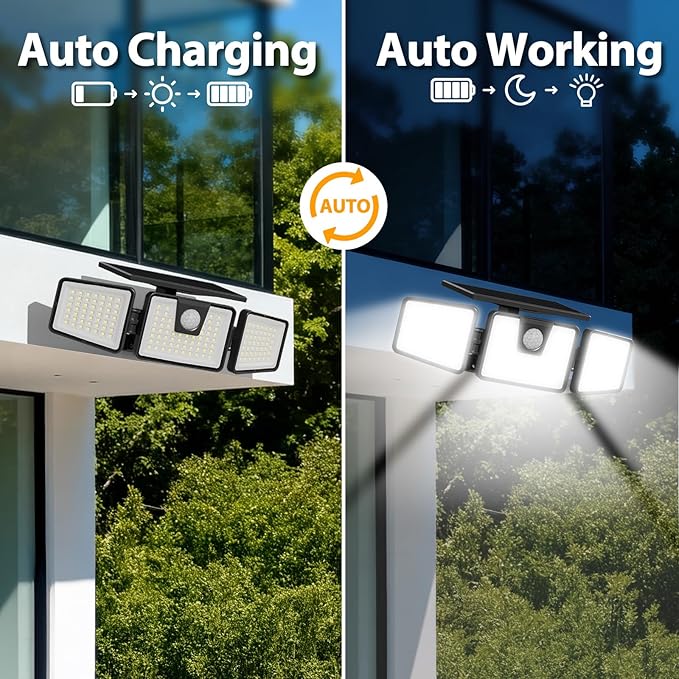 INCX Solar Motion Sensor Lights Outdoor, 3 Heads Security Lights Solar Powered, 156 LED Flood Light Motion Detected Spotlight for Patio Yard Garage Entryways, IP65 Waterproof 1 Pack