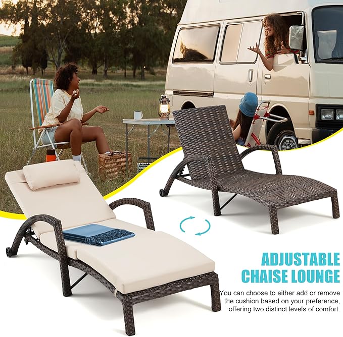 HOMREST Chaise Lounge Chairs Set of 2 for Outside, Adjustable 5 Position Outdoor PE Rattan Wicker Patio Pool Lounge Chair with Arm, Cushion, Pillow and Wheels for Poolside Backyard Deck Porch,Khaki
