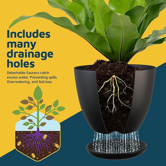 Lifemaster Plant Pots with Multi Drainage Holes - 5 Pieces Versatile, Sturdy Plastic, Stackable Design Home Decor Flower Pots for Indoor and Outdoor Gardening - Black