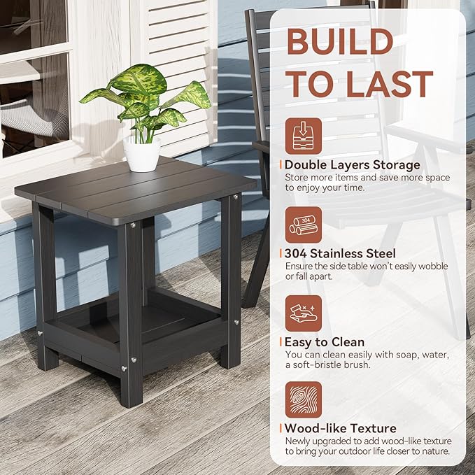 Adirondack Outdoor Side Table Small Outside Table for Patio Poolside Yard Garden 2-Tier Outside End Tables, Indoor or Outdoor Use, Easy Maintenance, 2 Pcs, Black