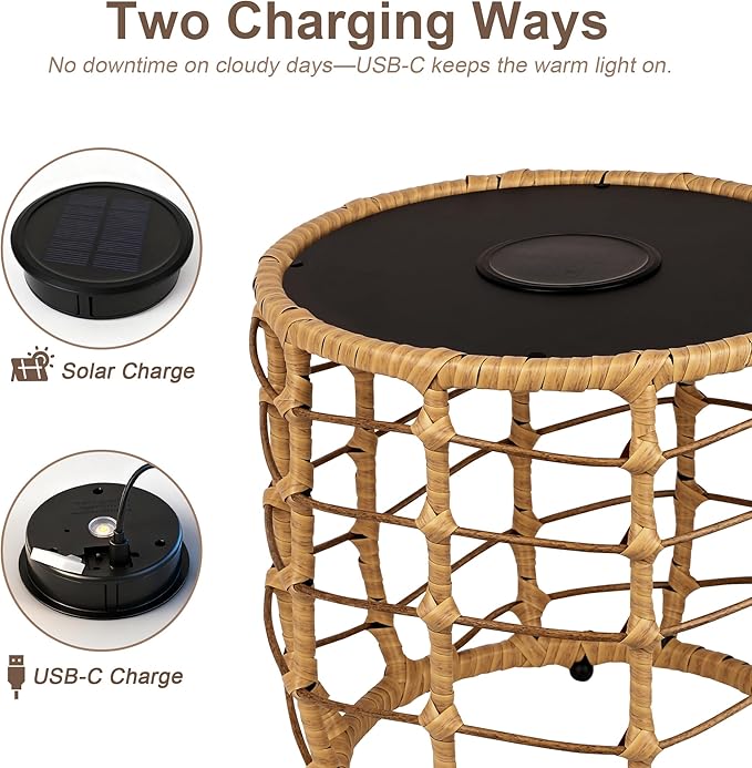 PARTPHONER Boho Solar Outdoor Side Table with Built-in Lights Set of 2, All-Weather Wicker Nesting Tables, Round Waterproof Accent End Table Design for Patio, Porch, Garden & Balcony, Natural Brown