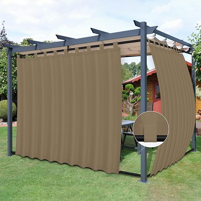Easy-Going Outdoor Patio Curtains Detachable Tab Top Windproof Weatherproof Curtain for Cabana, Porch, Pergola and Gazebo, Tab Bottom Drape, 2 Panels, 110W x 96L inch, Khaki