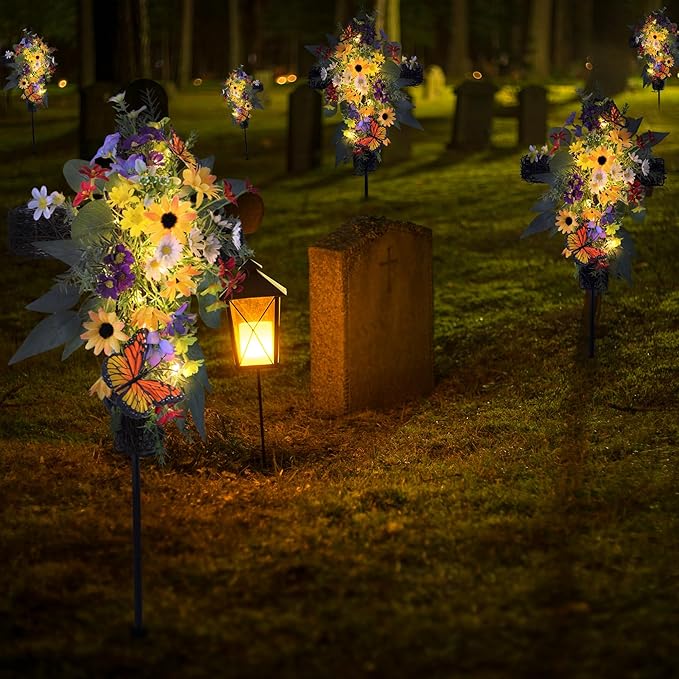 Solar Flower Cross Garden Stake Lights - Waterproof Grave Decorations for Cemetery, Memorial Cross with LED Lights, Sympathy Gift for Grandma, Outdoor Garden, Yard, Lawn Decor