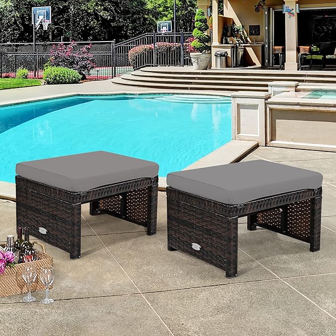 Tangkula 2 Pieces Patio Rattan Ottomans, All Weather Outdoor Footstool Footrest Seat with Soft Cushion, Hidden Zipper, High-Density Sponge, Wicker Ottoman Seat for Patio, Garden, Poolside