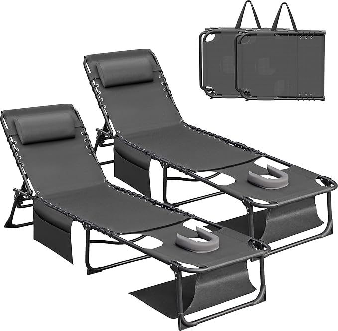 Devoko Beach Lounge Chair, Outdoor Sun Tanning Chair with Face Hole, Heavy Duty Folding Portable Lay Chaise Lounge Chairs for Outside Beach Pool Camping Patio, Beige