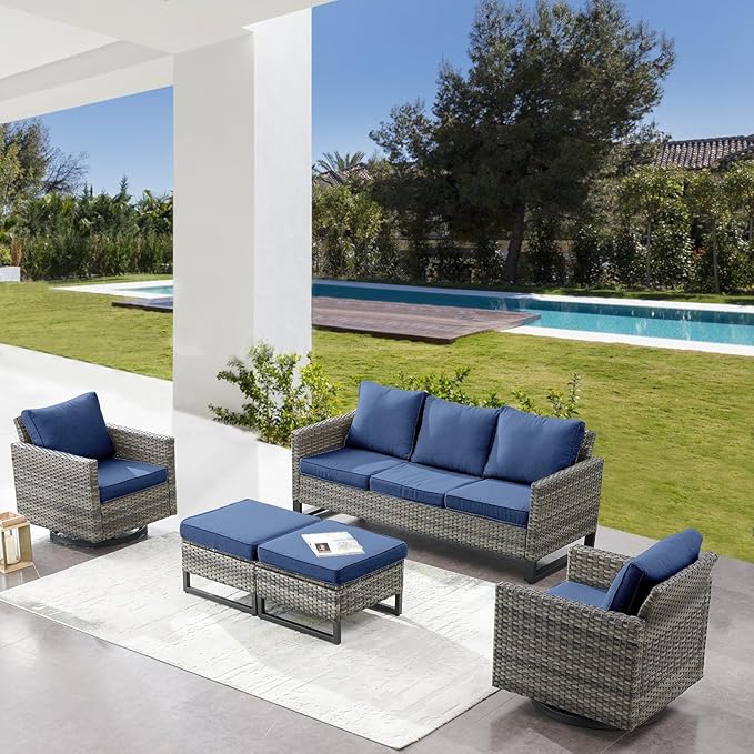 Belord Wicker Patio Furniture 5 Piece Outdoor Sofa Set, Oversize Outdoor Swivel Rocker Chairs with Rattan Ottomans, Conversation Sets Patio Furniture Come with Removable Washable Cushion Blue