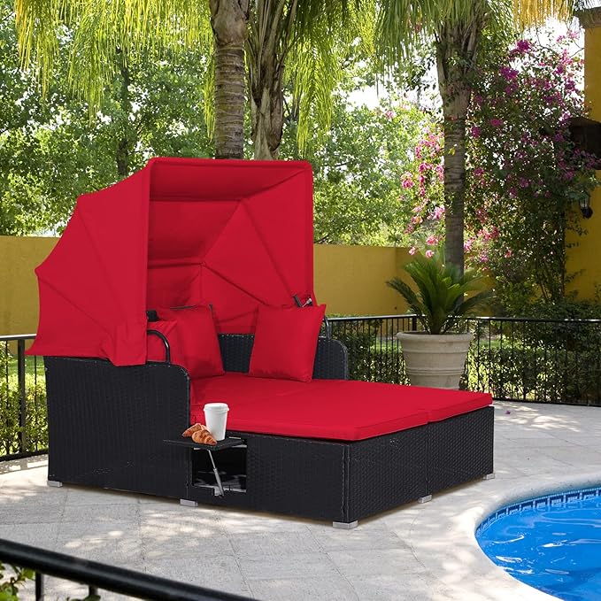 RELAX4LIFE Patio Outdoor Daybed with Canopy, Wicker Sunbed w/Cushions, 4 Pillows & 2 Retractable Side Trays, 2-Person Lounge Bed Conversation for Poolside Porch Garden, Rattan Outdoor Bed (Red)