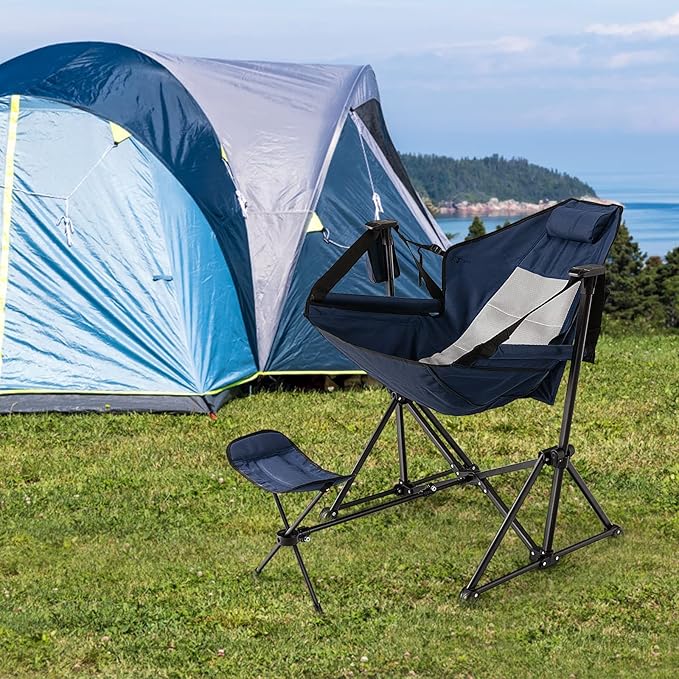 Tangkula Hammock Camping Chair, Portable Camp Chair with Retractable Footrest, Adjustable Back, Headrest, Cup Holder & Carry Bag, Outdoor Folding Lawn Chair for Camping, Fishing, Hiking