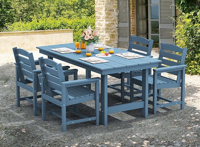 SERWALL Outdoor Dining Table, 67" Rectangle HDPE Dining Table for 6, Patio Table for Dining with Umbrella Hole, Blue
