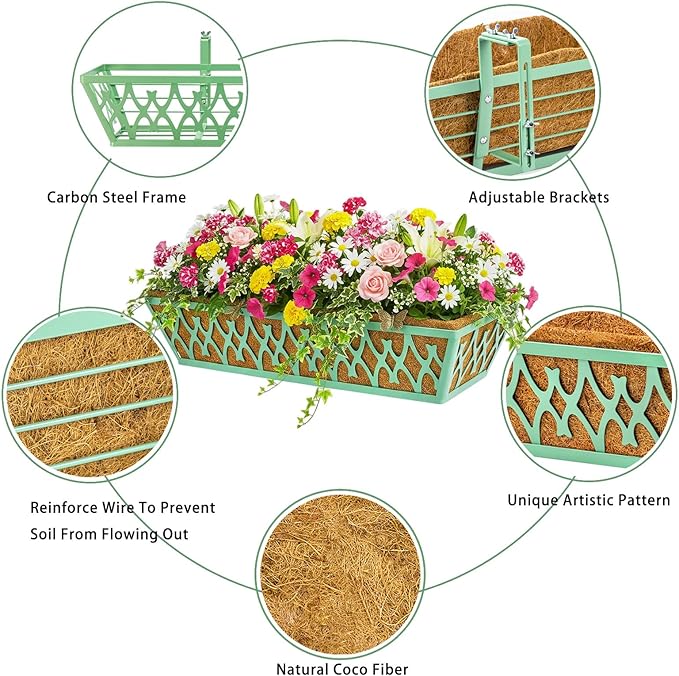 6 Pack 24 Inch Window Boxes Planters Railing Planter Box with Adjustable Brackets for Porch Fence Patio Balcony Hanging Flower Baskets with Coco Liners for Outdoor Garden Decor - Green