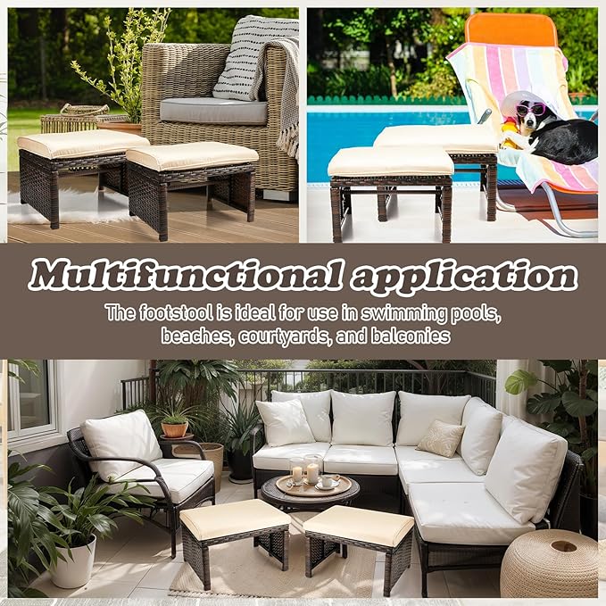2 Pcs Patio Rattan Ottomans Outdoor Wicker Ottomans Patio Footstool Footrest with Removable Cushion Soft Zippered Cushions Function Footstool Seat Table for Backyard Balcony Poolside(Beige, Brown)