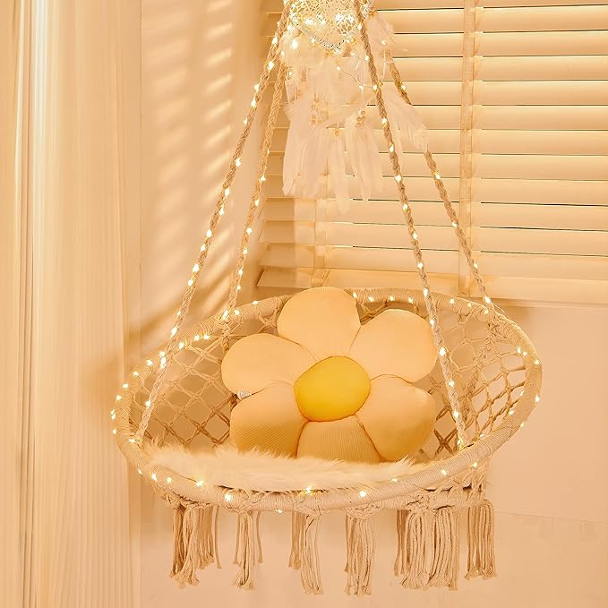 Sonyabecca LED Macrame Hammock Hanging Swinging Chair, Indoor/Outdoor Hanging Chair with 472" LED String for Bedroom, Patio, Deck, Yard, and Garden, Comfy Large Size 55x75 cm (No Stand)