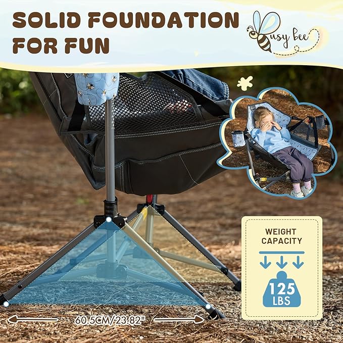 BusyBee Hammock Camping Chairs for Kids, Folding Kids Chair with Stand, Child Camping Gear, Hammock Swing Chair with Cup Holder & Carrying Bag for Outdoor, Lawn, Hiking, Indoor, Supports 125 LBS, Blue