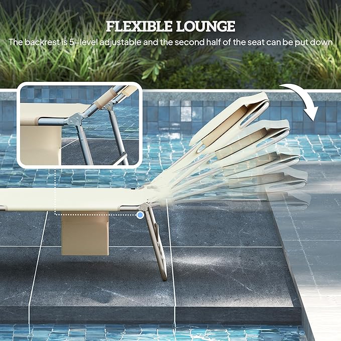 Outsunny Chaise Lounge Chair Outdoor Set of 2 with Face Arm Hole, 5-Position Reclining Face Down Tanning Chair with Carry Strap, Side Pocket, Portable Folding Bed Cot for Patio Beach Pool, Beige