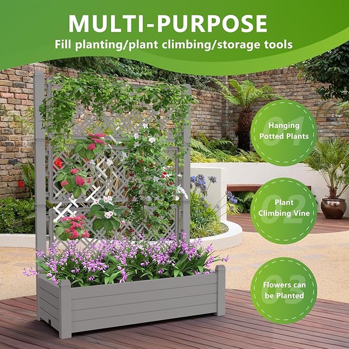 Raised Garden Bed with Trellis for Climbing Plants, 43.43" L x 18.27" W x 59.29" H Self Watering Planter Box with Drainage Holes for Outdoor Backyard Patio Balcony, Anti-Rust Resin (Grey)